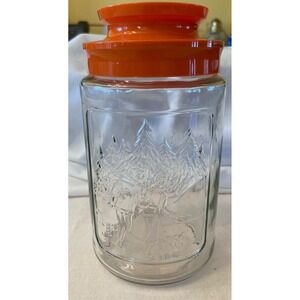 Vintage Glass Jar Winter Scene Embossed Orange Lid Storage Container